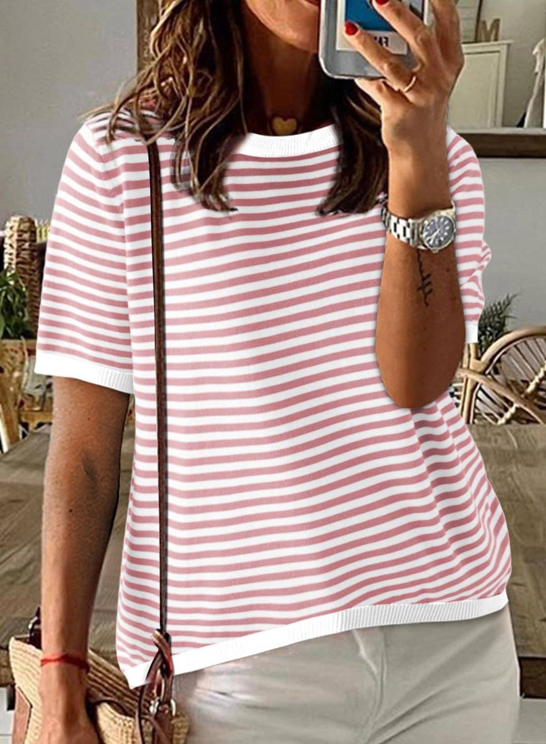 Striped Colorblock Crew Neck Knit Sweater