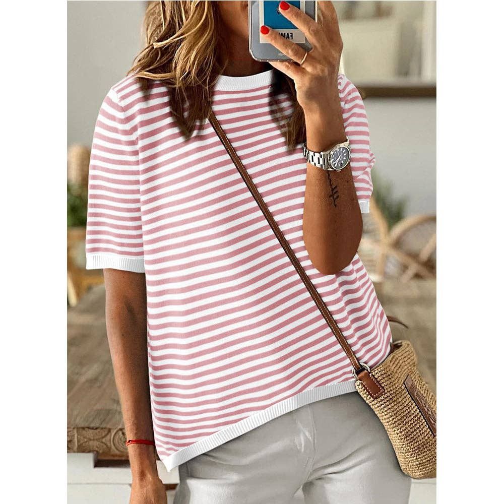 Striped Colorblock Crew Neck Knit Sweater