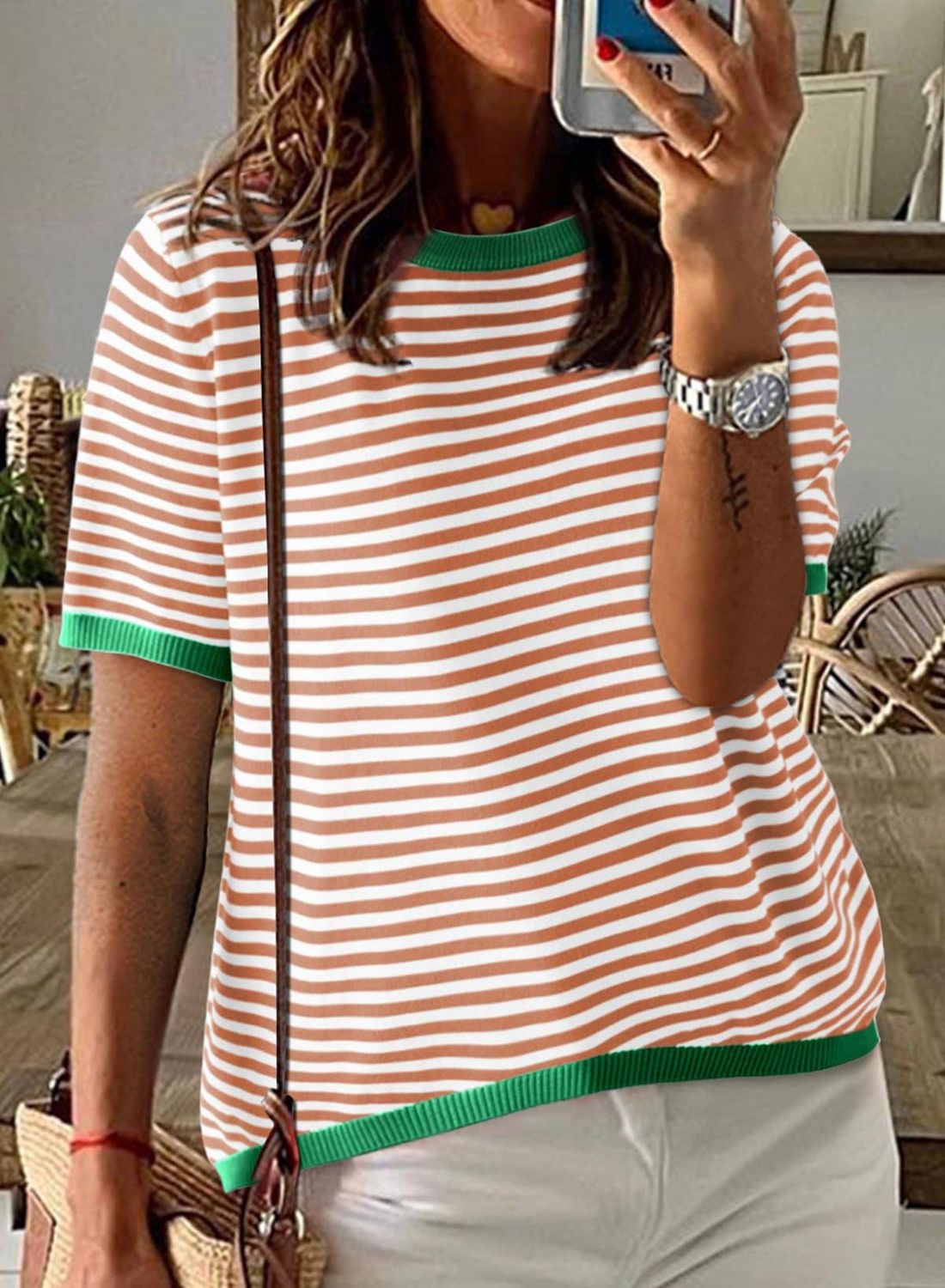 Striped Colorblock Crew Neck Knit Sweater