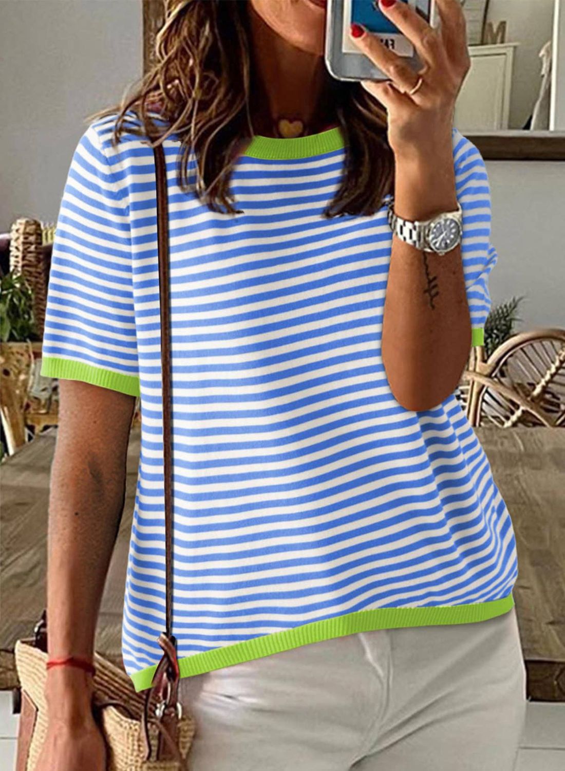 Striped Colorblock Crew Neck Knit Sweater