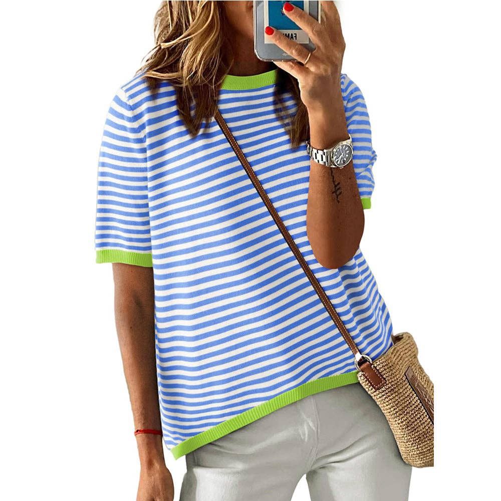 Striped Colorblock Crew Neck Knit Sweater