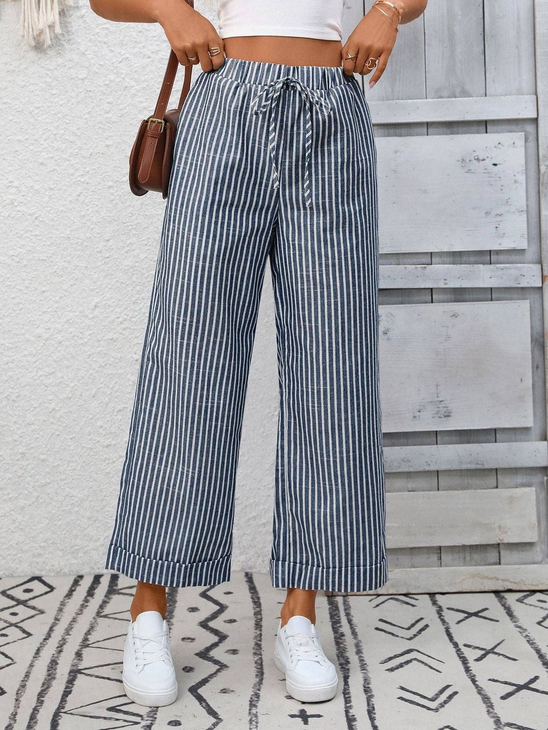 Striped High Waist Wide Leg Pants Casual Summer