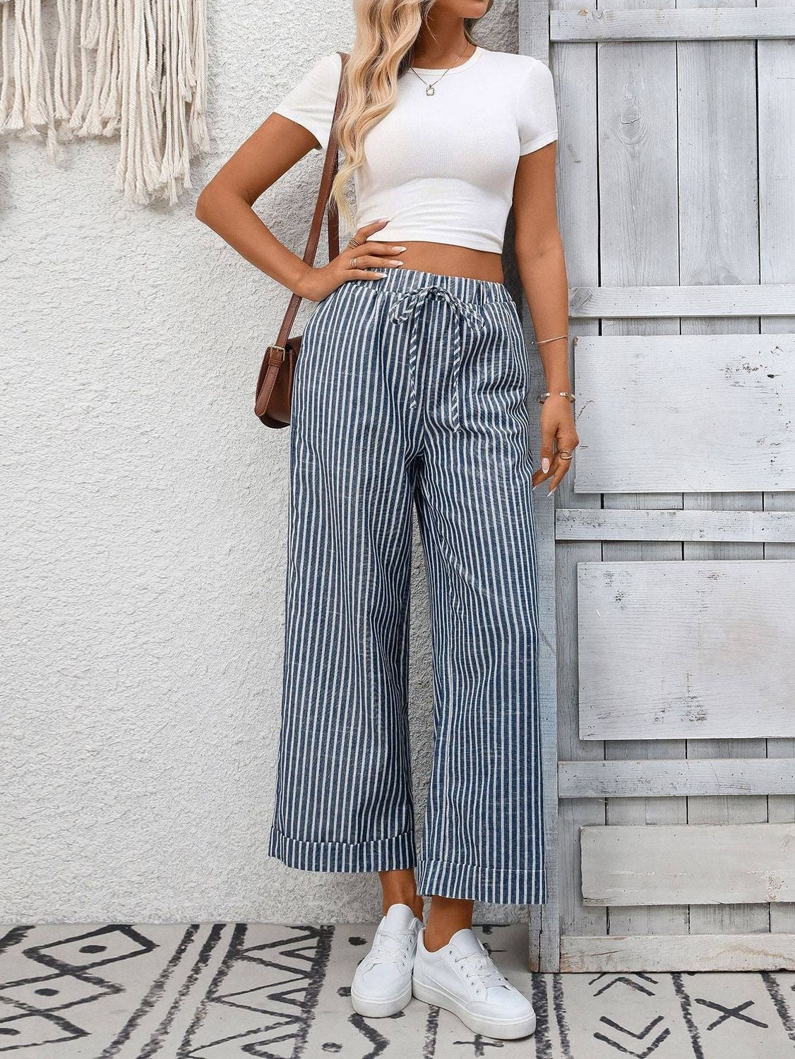Striped High Waist Wide Leg Pants Casual Summer