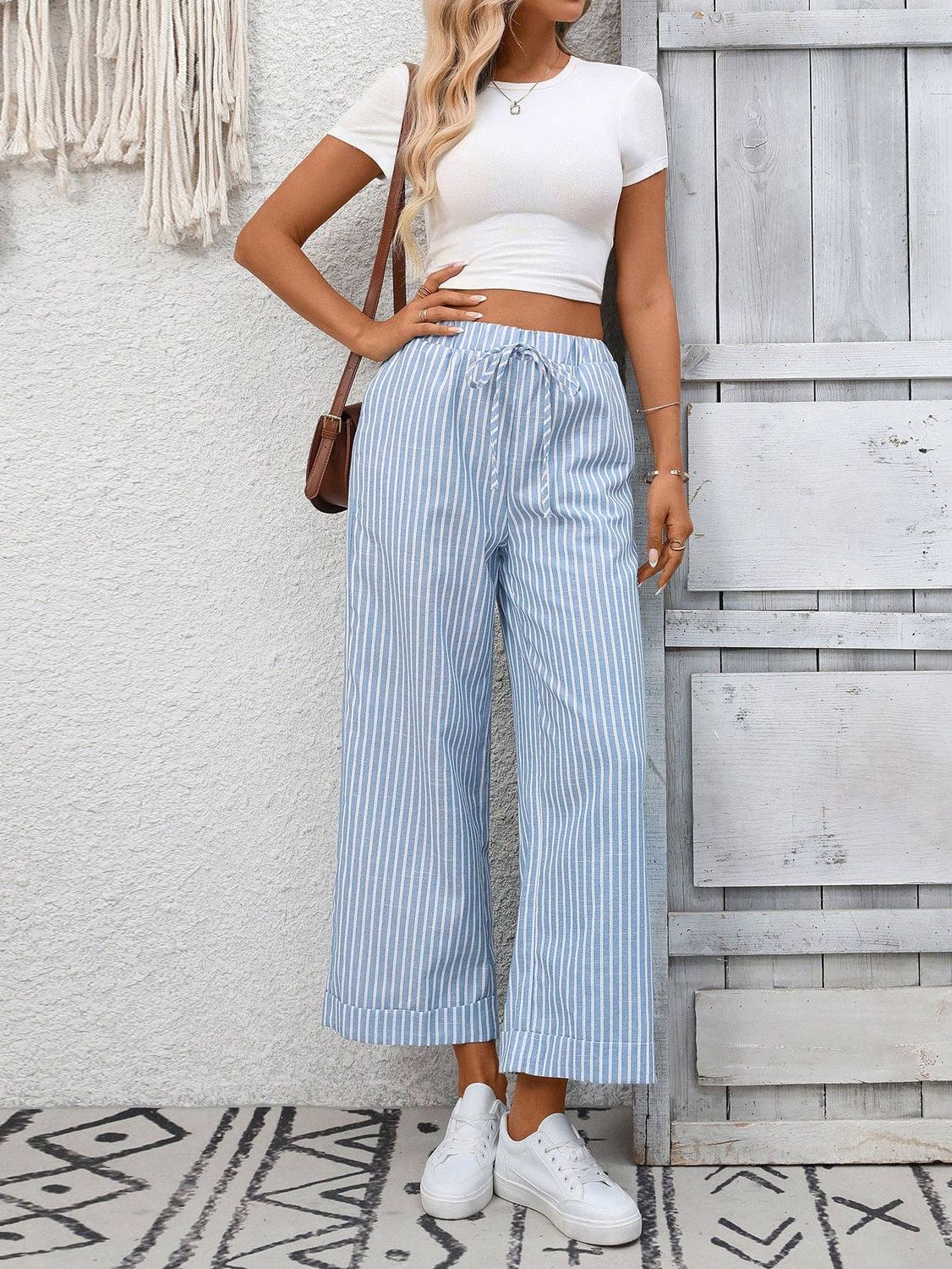 Striped High Waist Wide Leg Pants Casual Summer