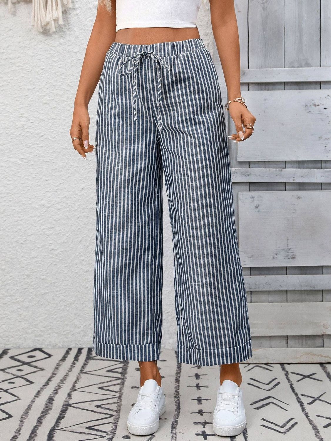 Striped High Waist Wide Leg Pants Casual Summer