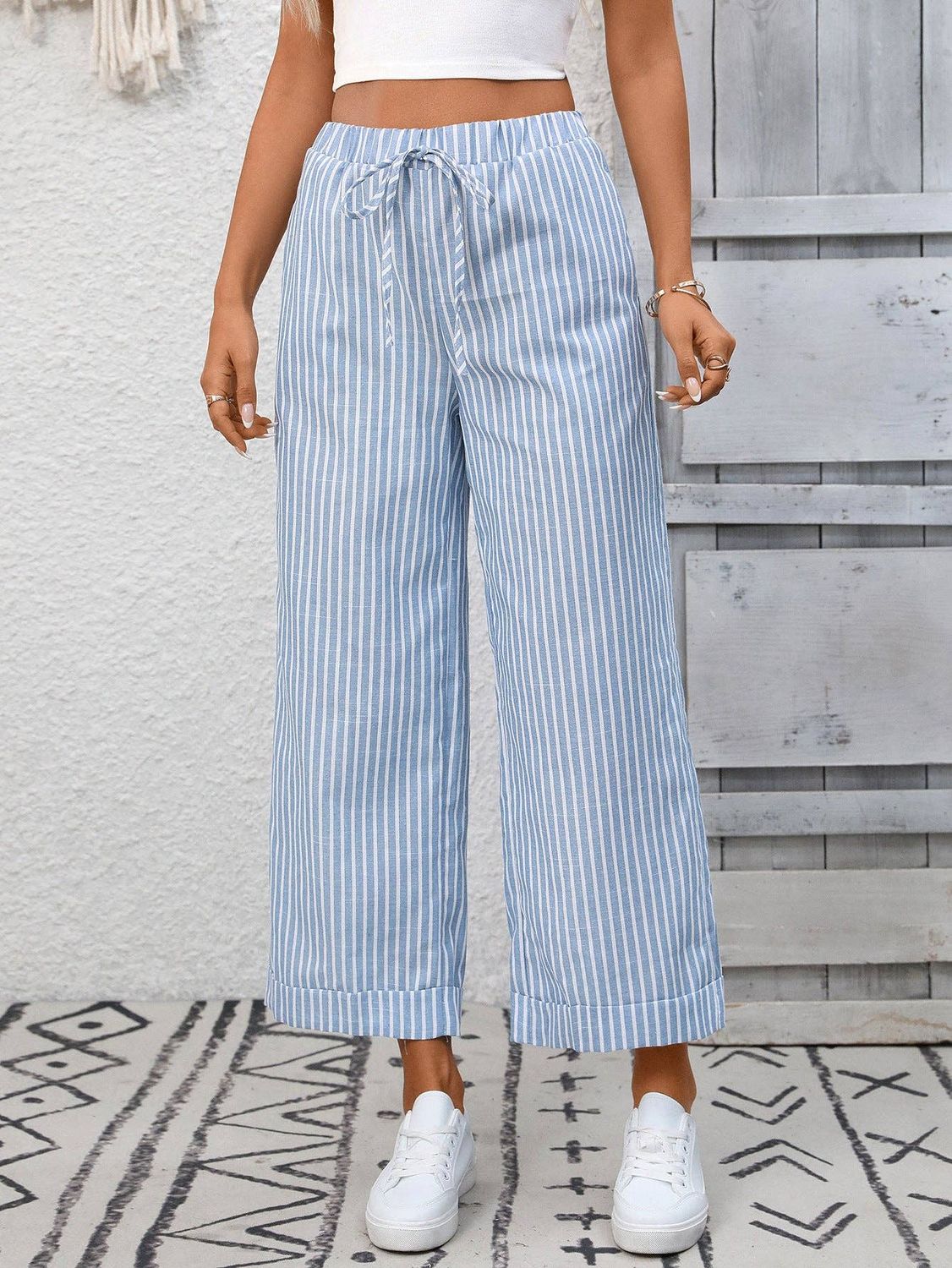 Striped High Waist Wide Leg Pants Casual Summer