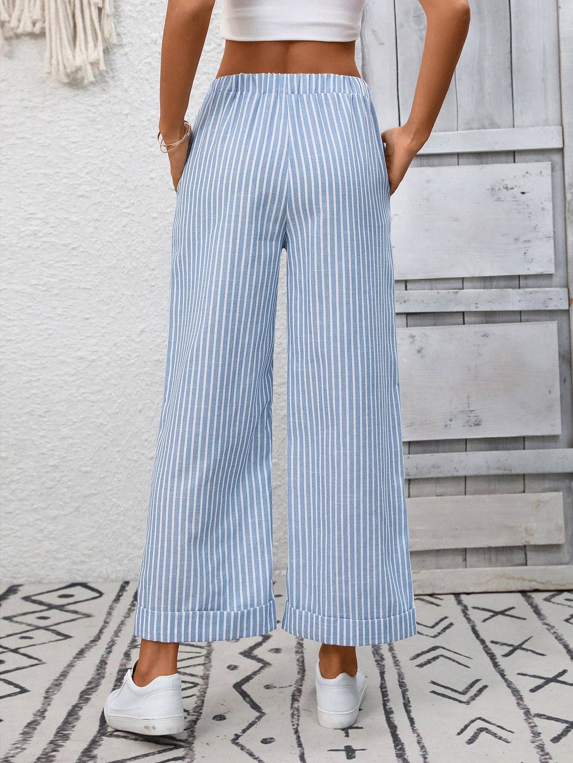 Striped High Waist Wide Leg Pants Casual Summer