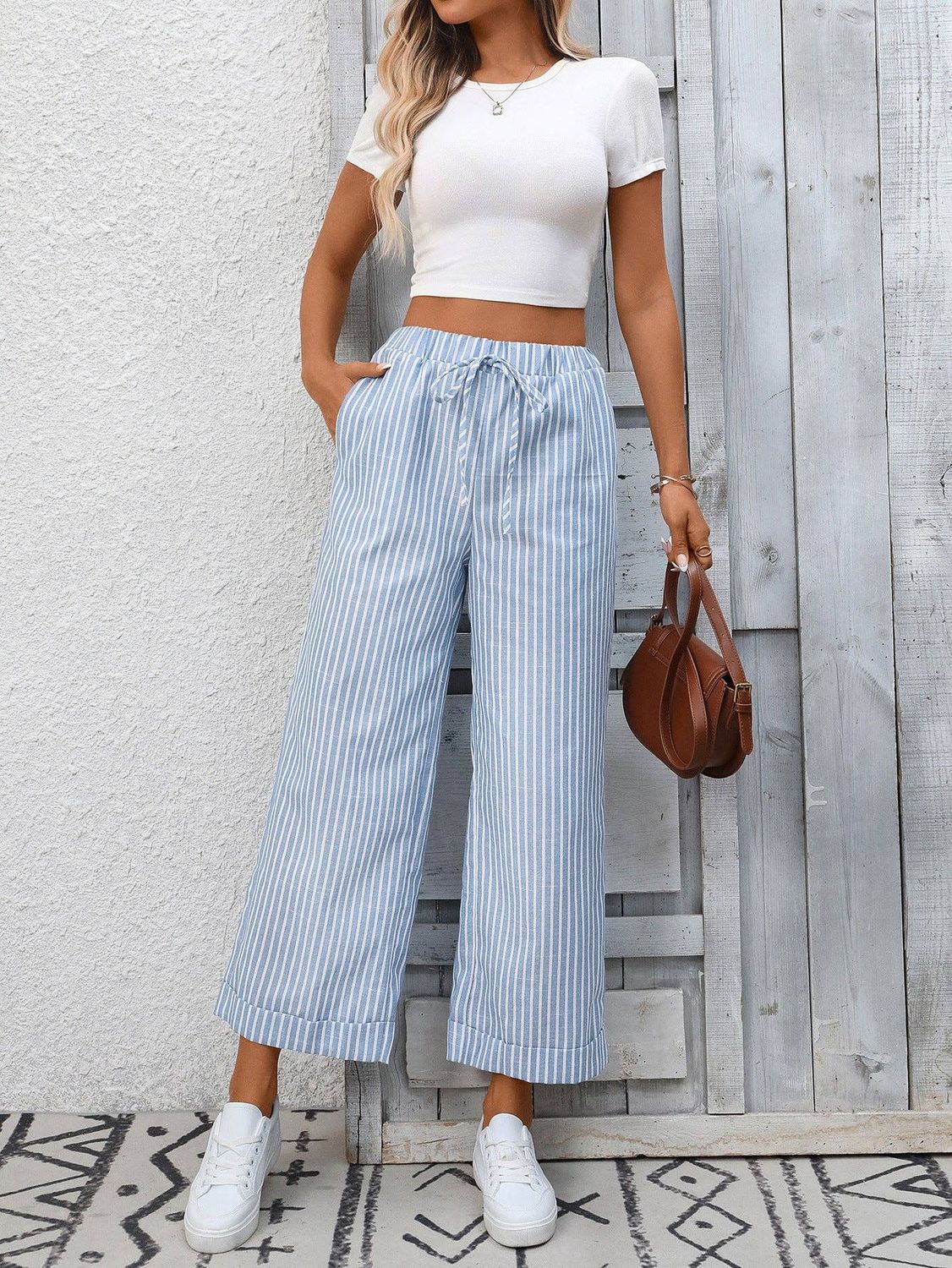 Striped High Waist Wide Leg Pants Casual Summer