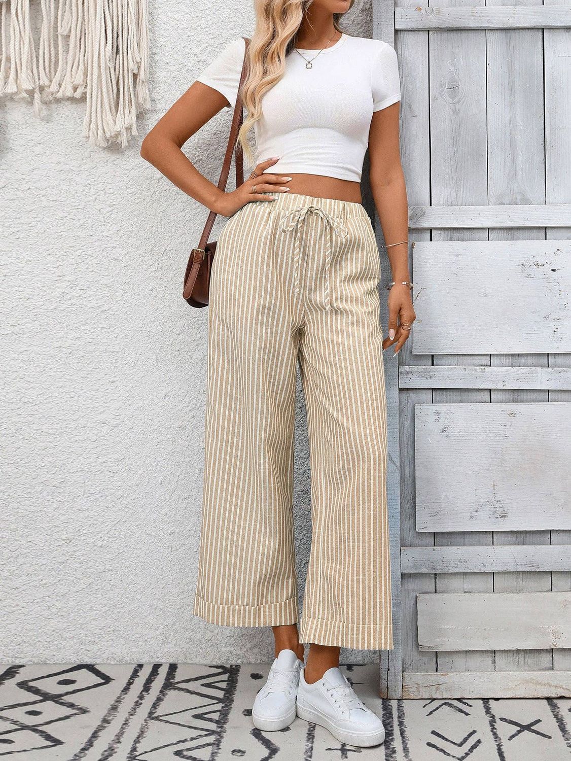 Striped High Waist Wide Leg Pants Casual Summer