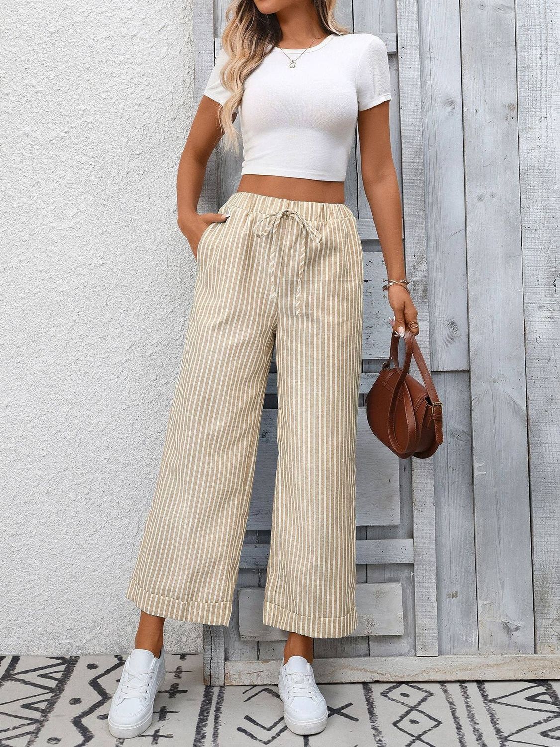 Striped High Waist Wide Leg Pants Casual Summer