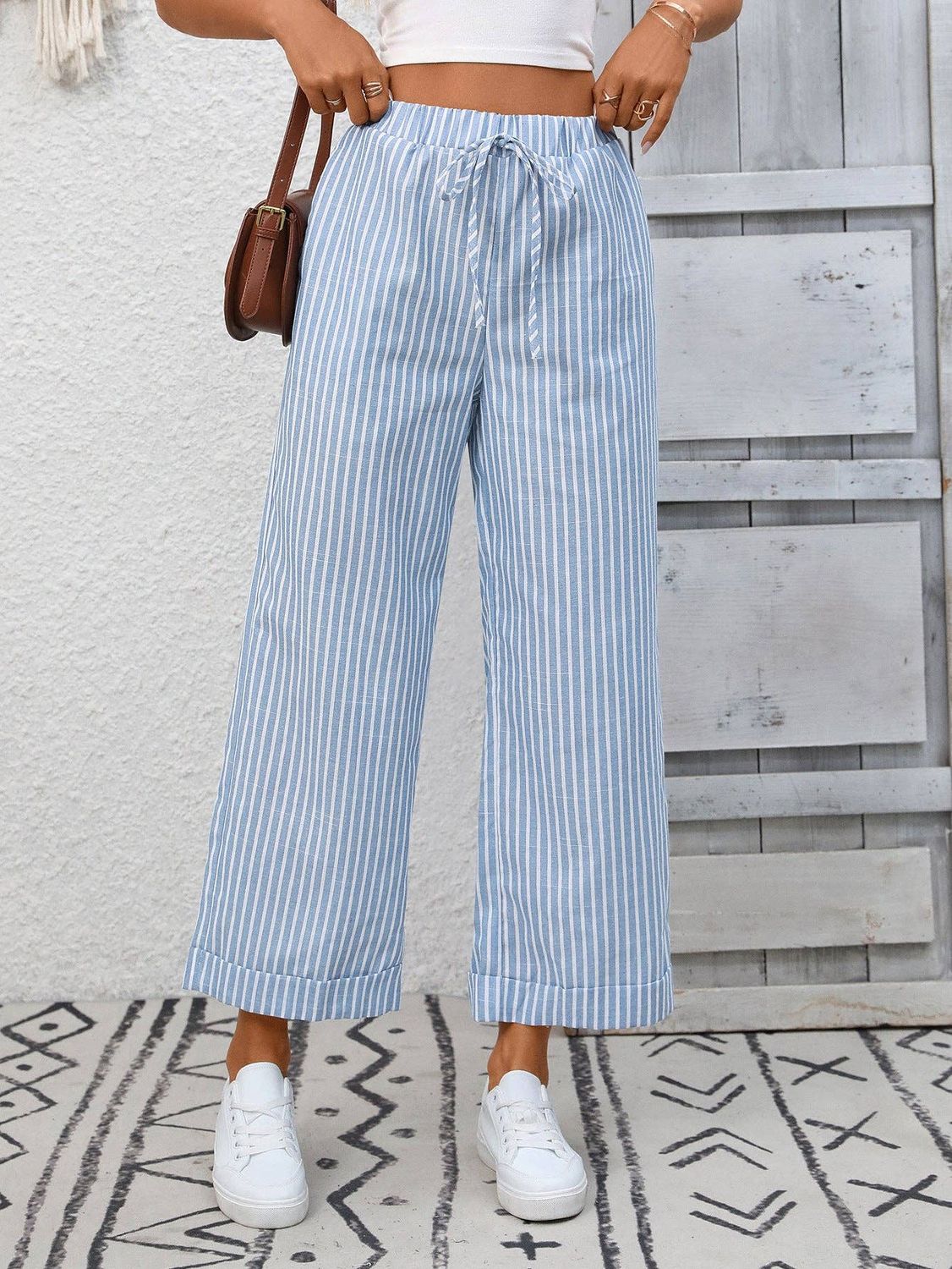 Striped High Waist Wide Leg Pants Casual Summer