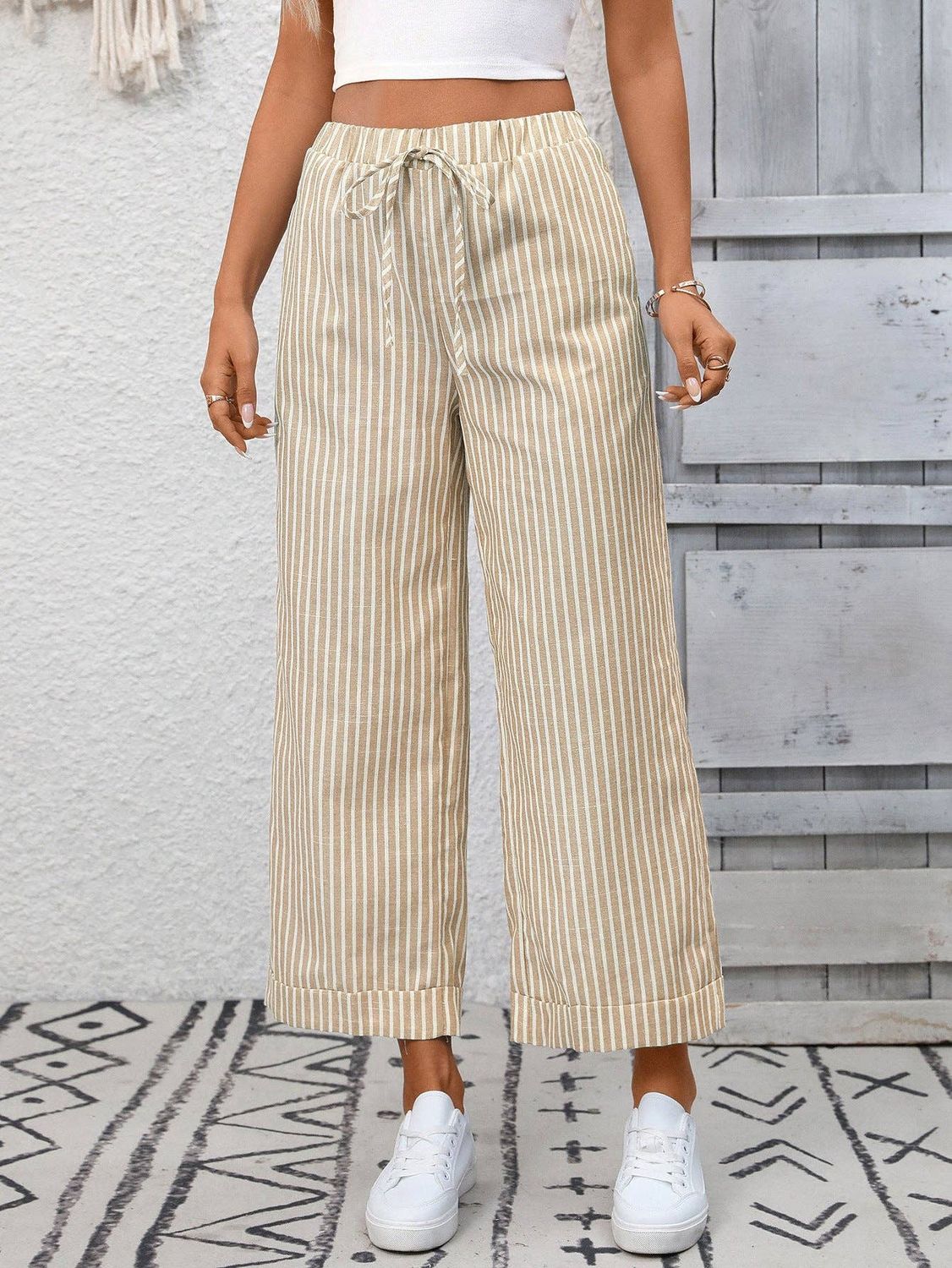 Striped High Waist Wide Leg Pants Casual Summer