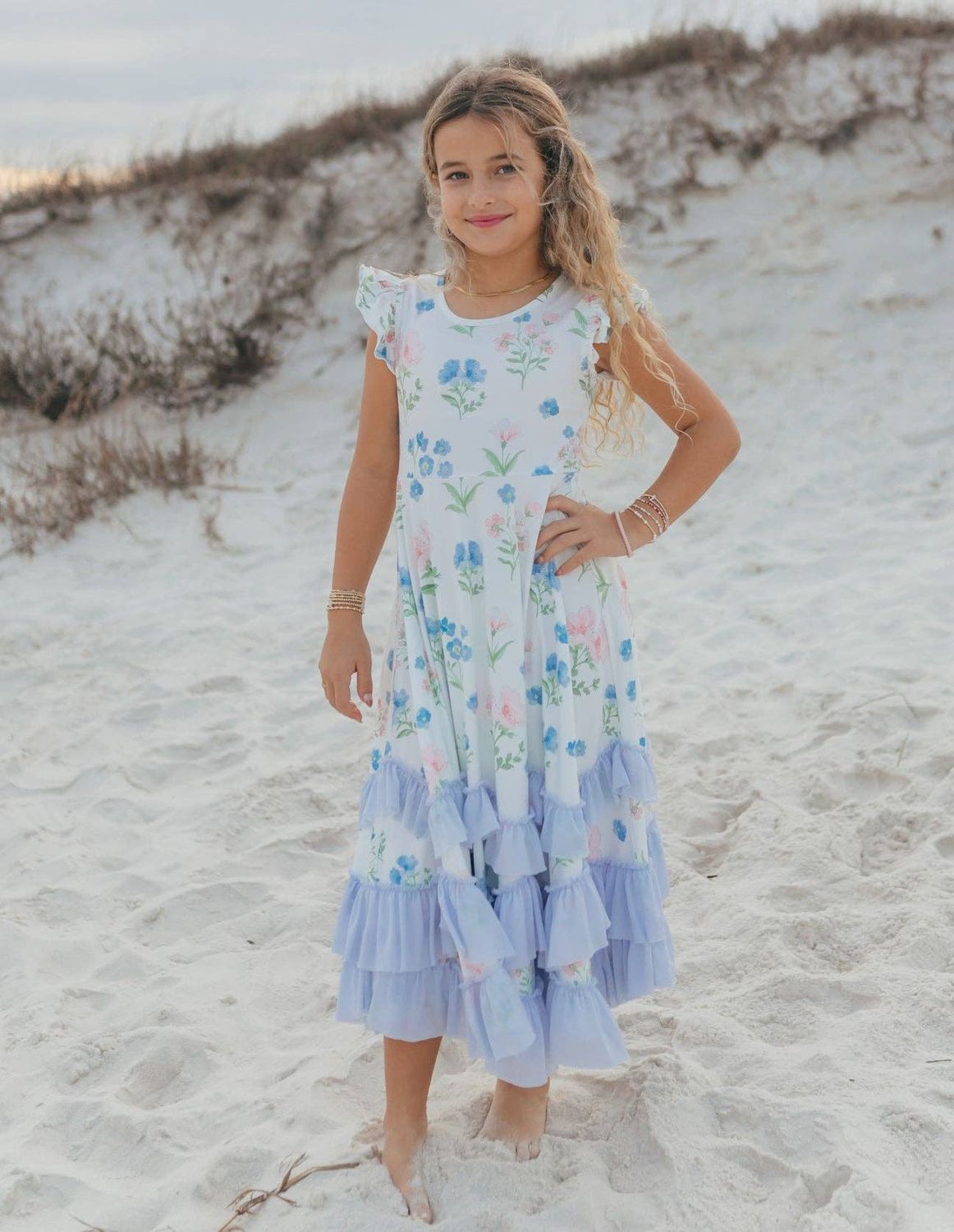 Kids Bella Dainty Blue Floral Flutter Sleeve Ruffles Dress