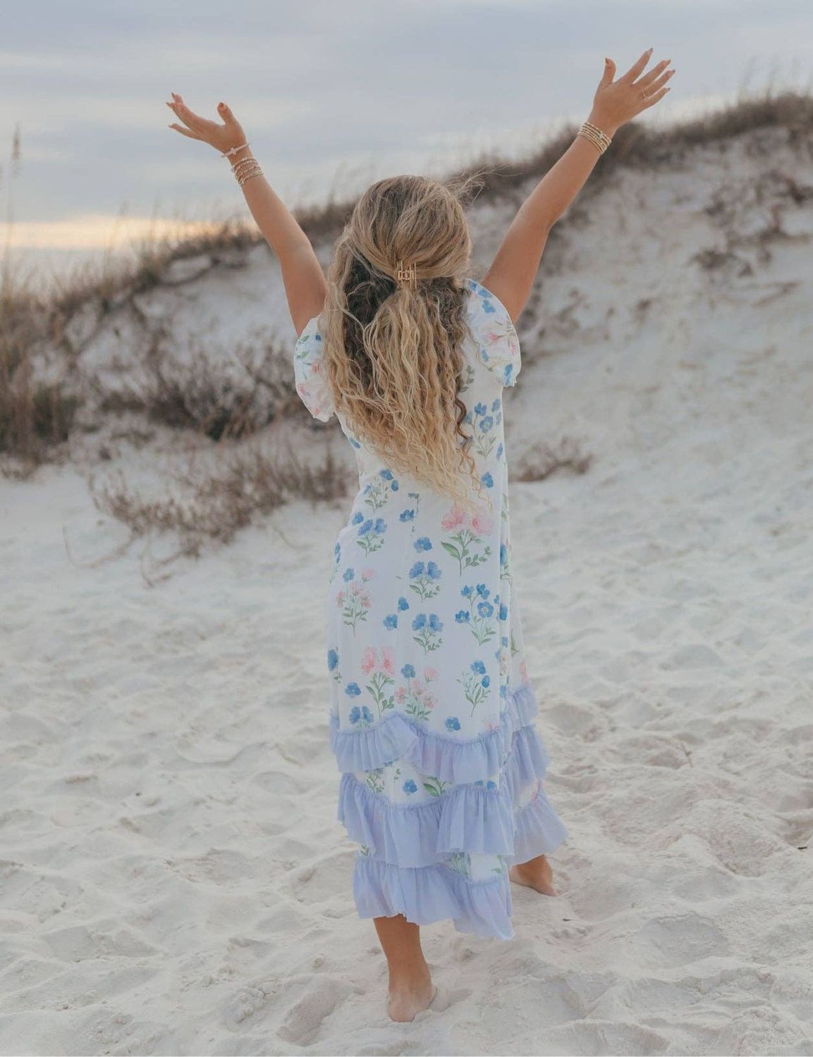 Kids Bella Dainty Blue Floral Flutter Sleeve Ruffles Dress