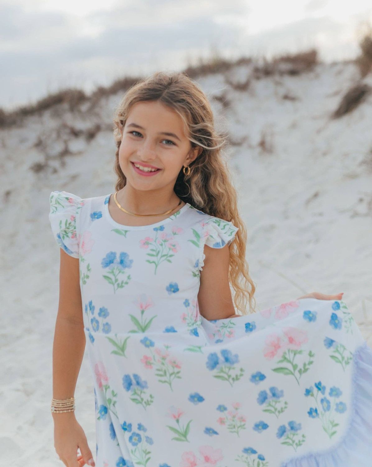 Kids Bella Dainty Blue Floral Flutter Sleeve Ruffles Dress