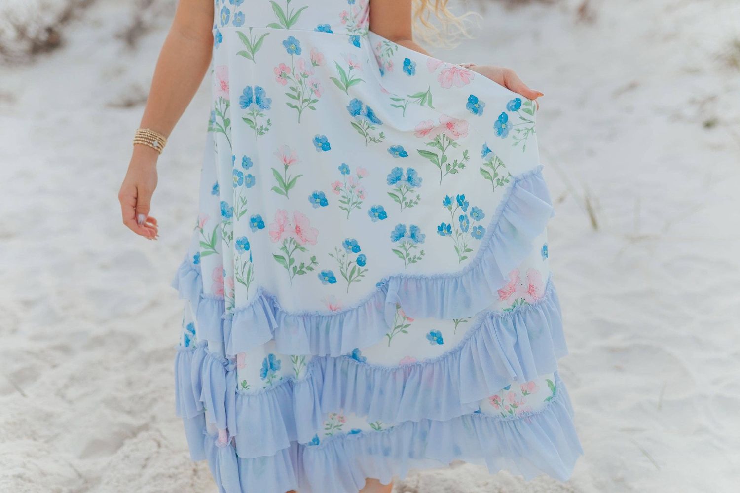 Kids Bella Dainty Blue Floral Flutter Sleeve Ruffles Dress