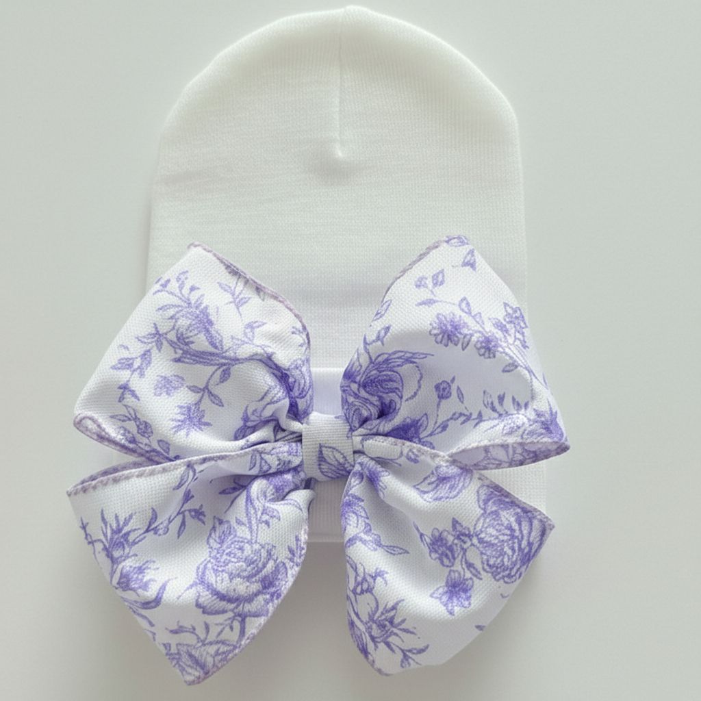 Ilybean Toile Floral Bow in Pink or Blue Newborn Girl Hat