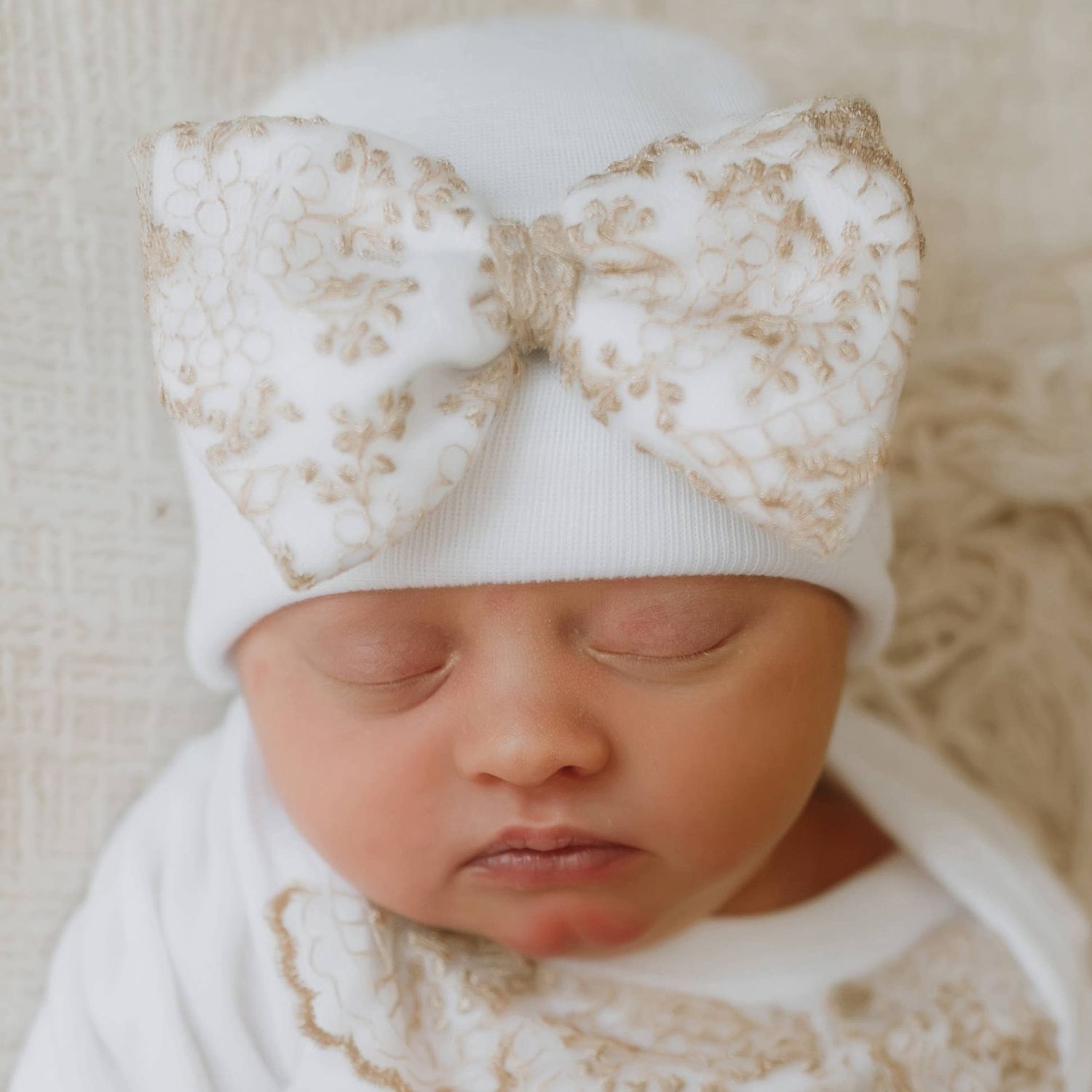 Gold Lace Bow Newborn Girl Hospital Hat Baby Girl Hat
