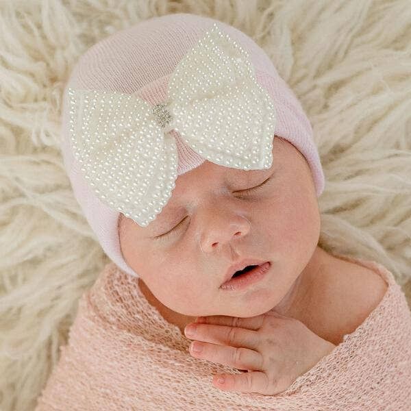 Ilybean Pearl Bow Hospital Hat for Newborn Girls - 3 Colors