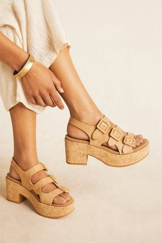 Triple Buckle Cork Platform Sandal