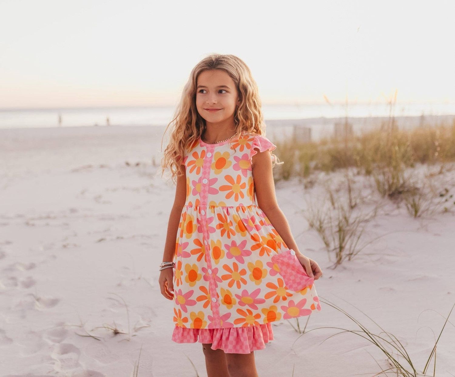 Girls Pink &amp; Tangerine Retro Flower Check Pocket Dress