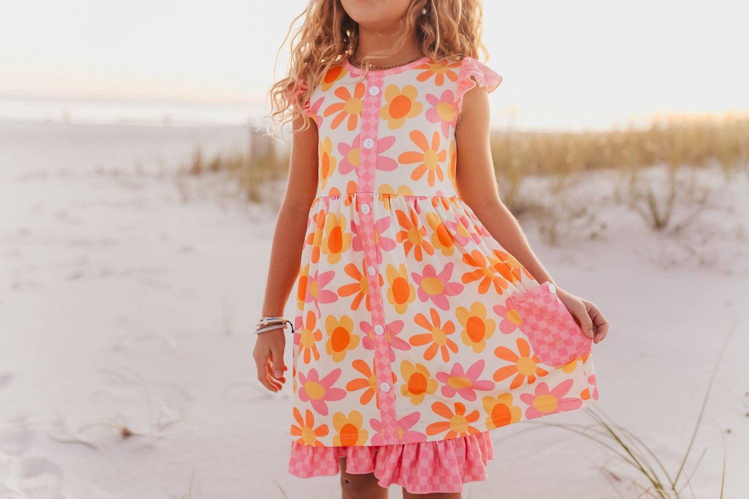 Girls Pink &amp; Tangerine Retro Flower Check Pocket Dress