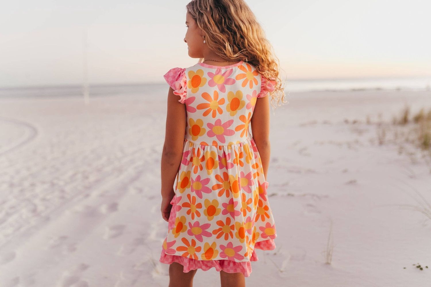Girls Pink &amp; Tangerine Retro Flower Check Pocket Dress