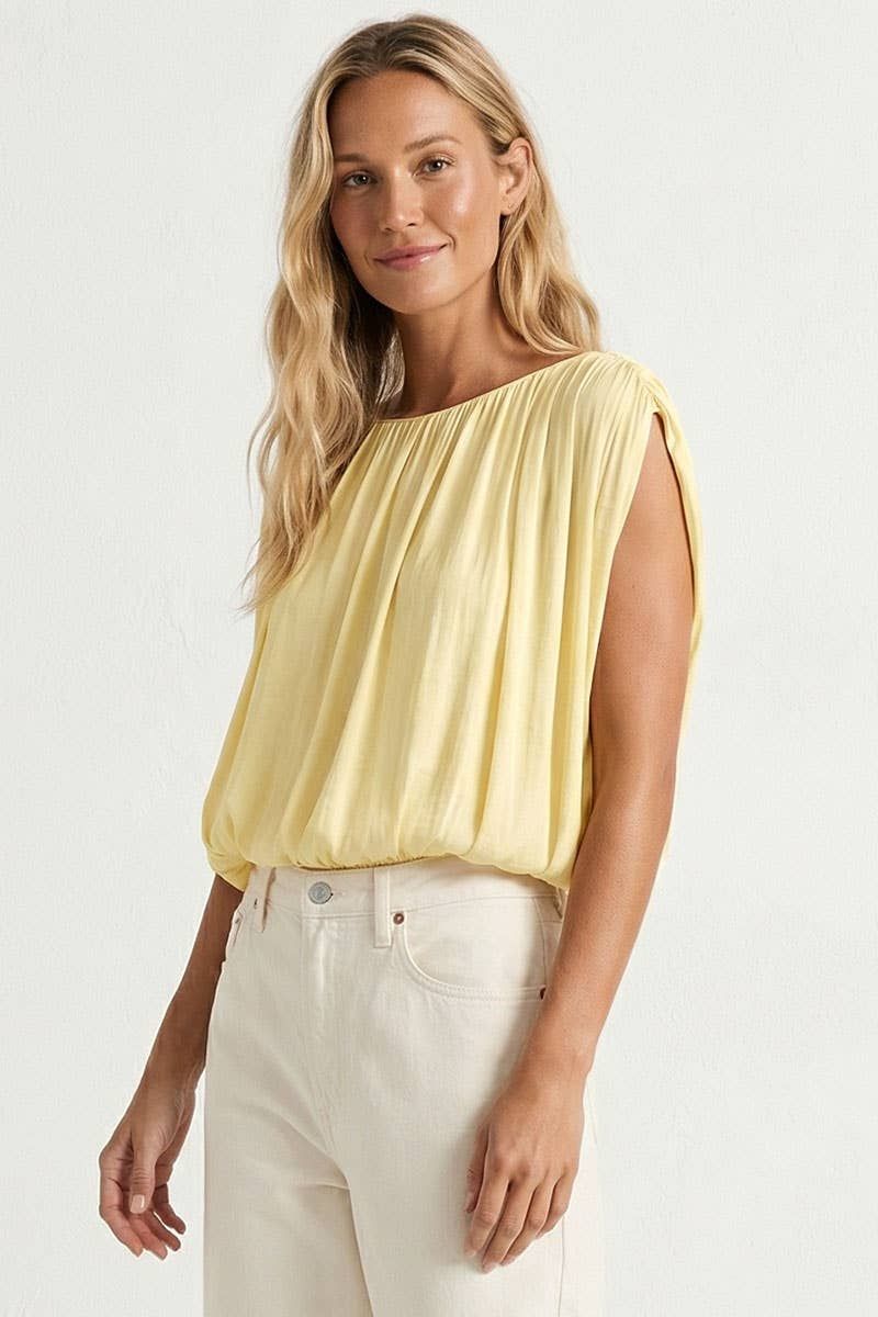 Grecian Drape Bubble Blouse, Color: Pale Banana, Size: S
