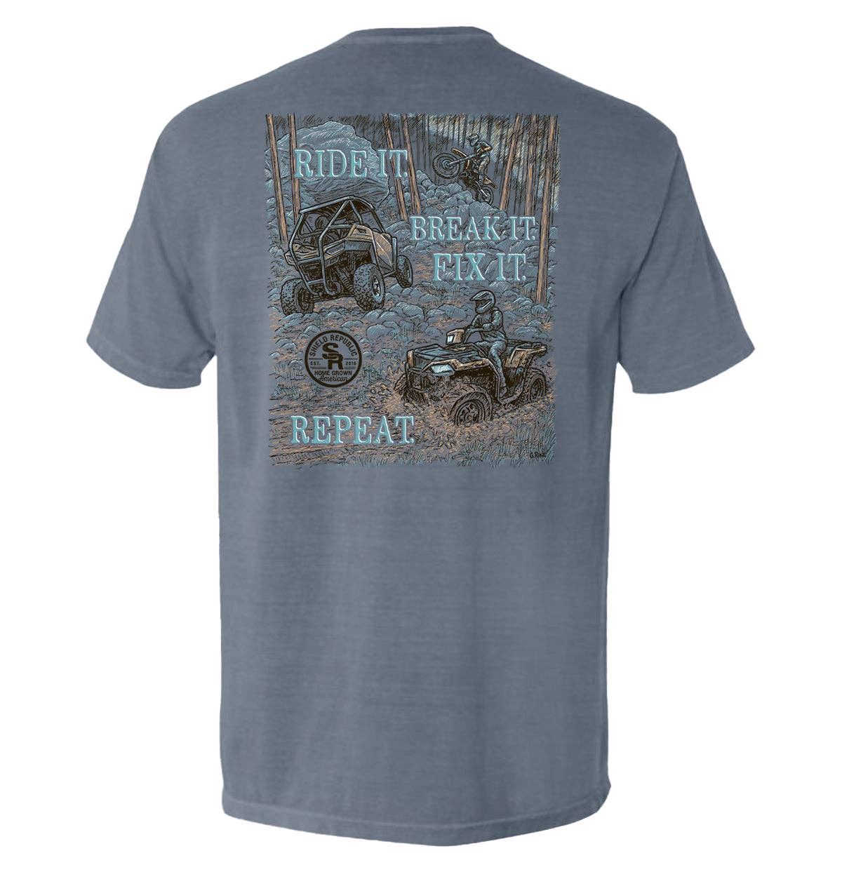Ride it Break it Fix it Repeat Pocket Tee, Color: Blue Jean, Size: M, Style: Pocket Tee