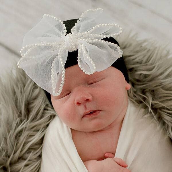 Pink, White &amp; Black Chiffon Pearl Bow Newborn Girl Hospital