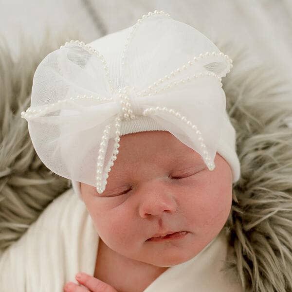 Pink, White &amp; Black Chiffon Pearl Bow Newborn Girl Hospital, Color: white, Size: Newborn