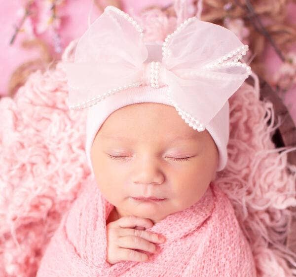Pink, White &amp; Black Chiffon Pearl Bow Newborn Girl Hospital