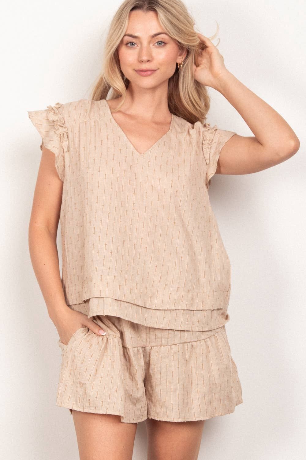 NT11539SET-Solid Cotton Woven Cute Top &amp; Shorts Set