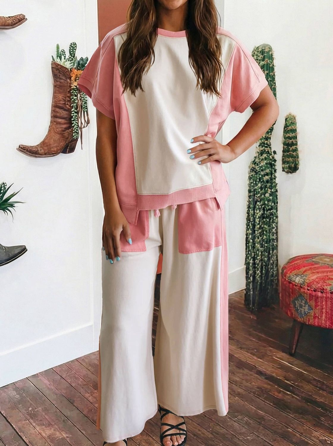 Summer Color Block Patchwork Tee Drawstring Loose Pant Set, Color: White, Size: L