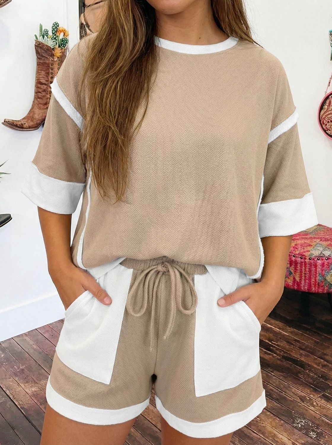 Patchwork Oversize Tee Drawstring Loose Shorts 2pcs Set