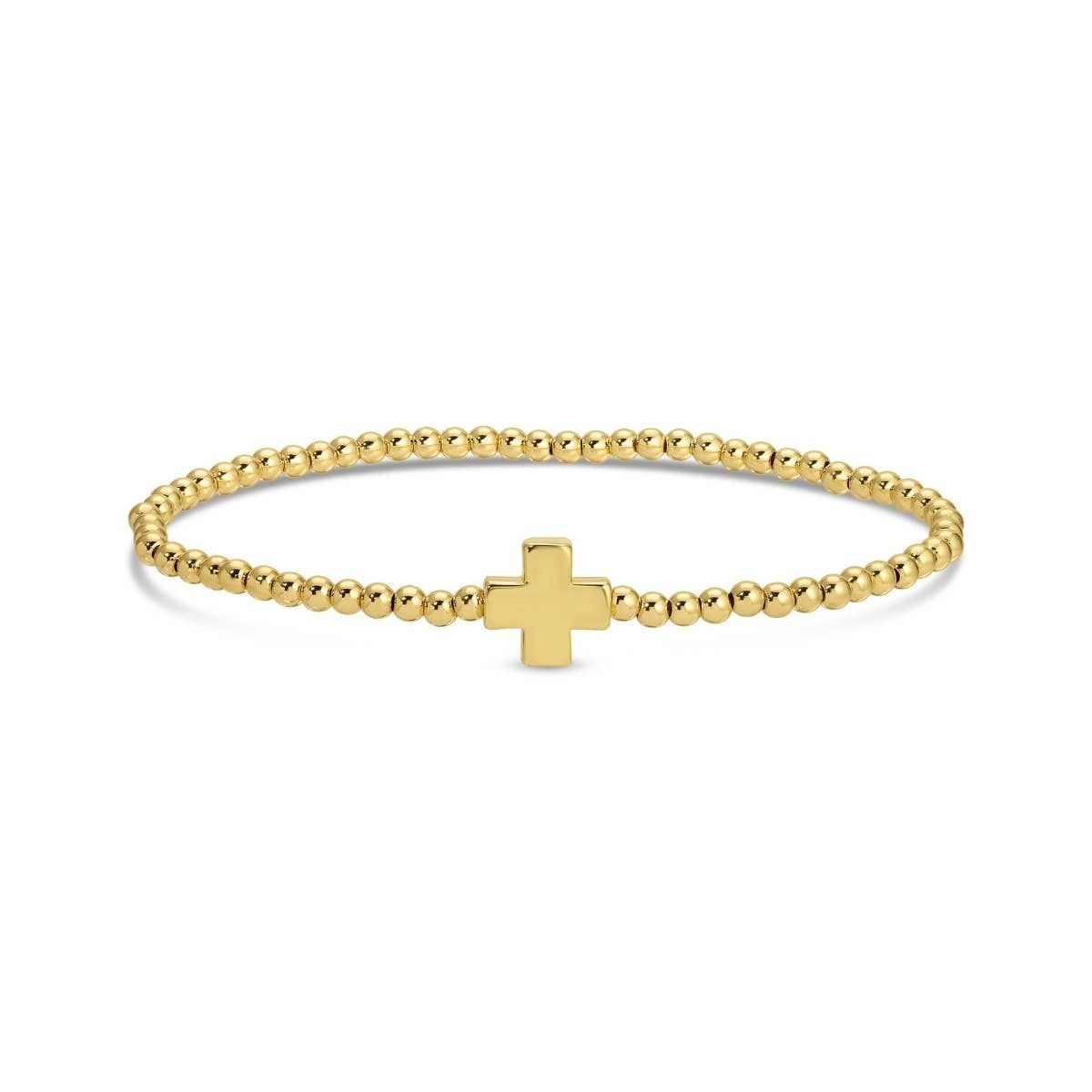 3mm Beaded Stretch Bracelet with Single Gold Cross