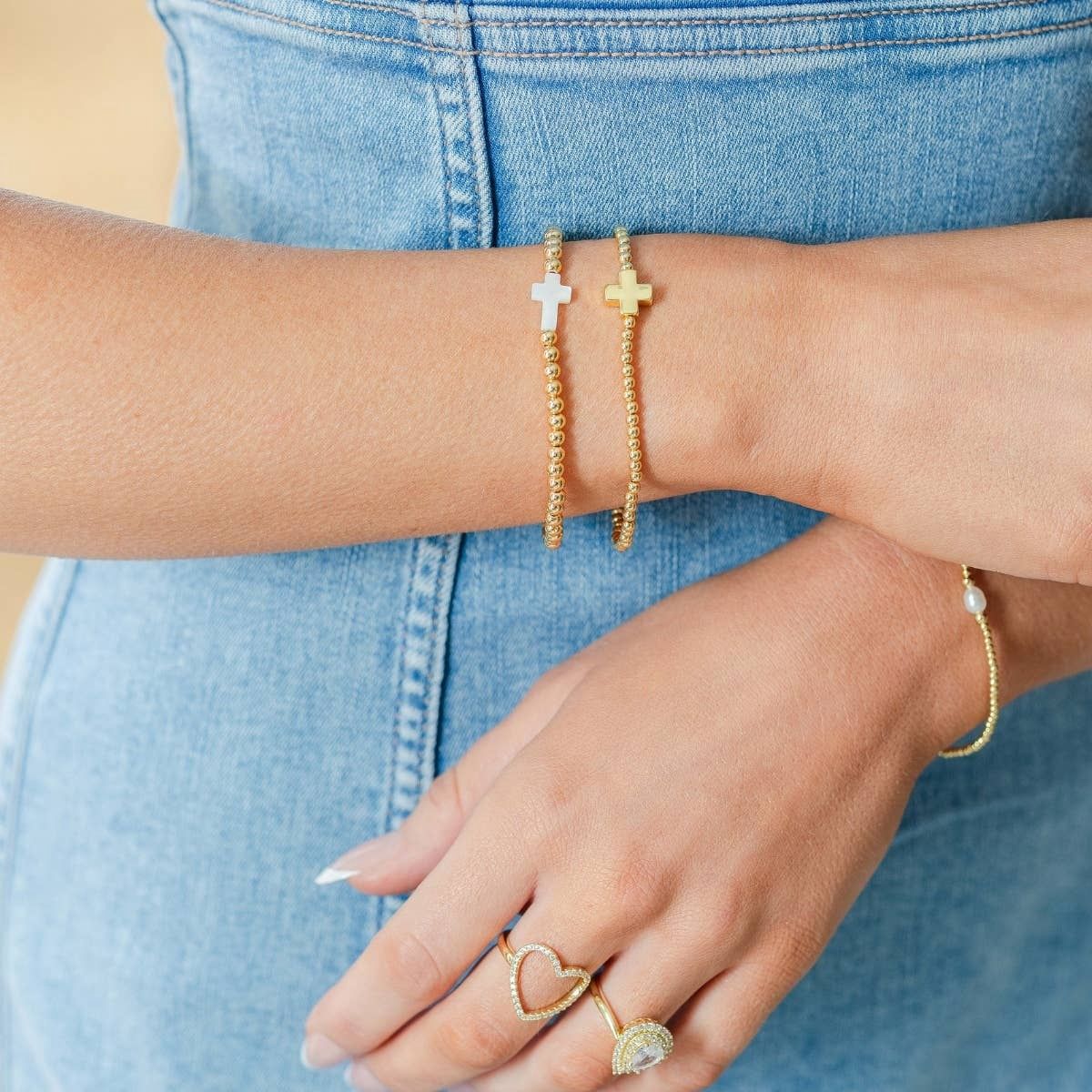 3mm Beaded Stretch Bracelet with Single Gold Cross
