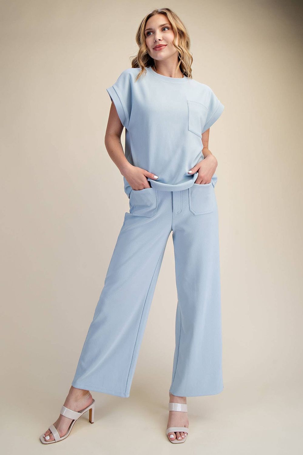 High Rise Front Pocket Stretchy Wide Pants, Color: Sky, Size: L