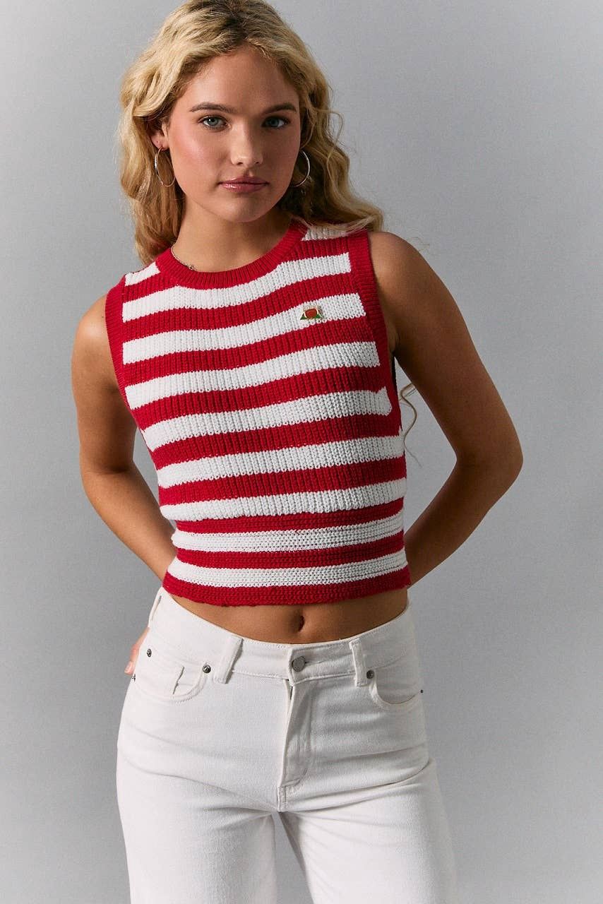 BACK BOW DETAIL SLEEVELESS STRIPED SWEATER TOP