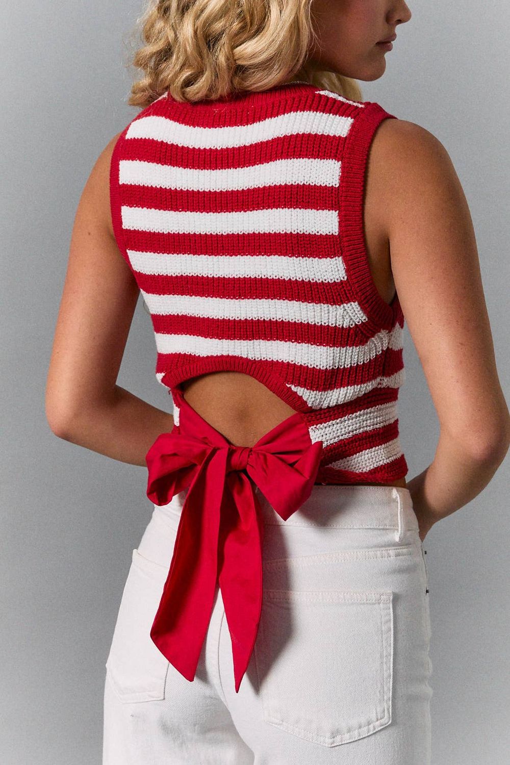 BACK BOW DETAIL SLEEVELESS STRIPED SWEATER TOP