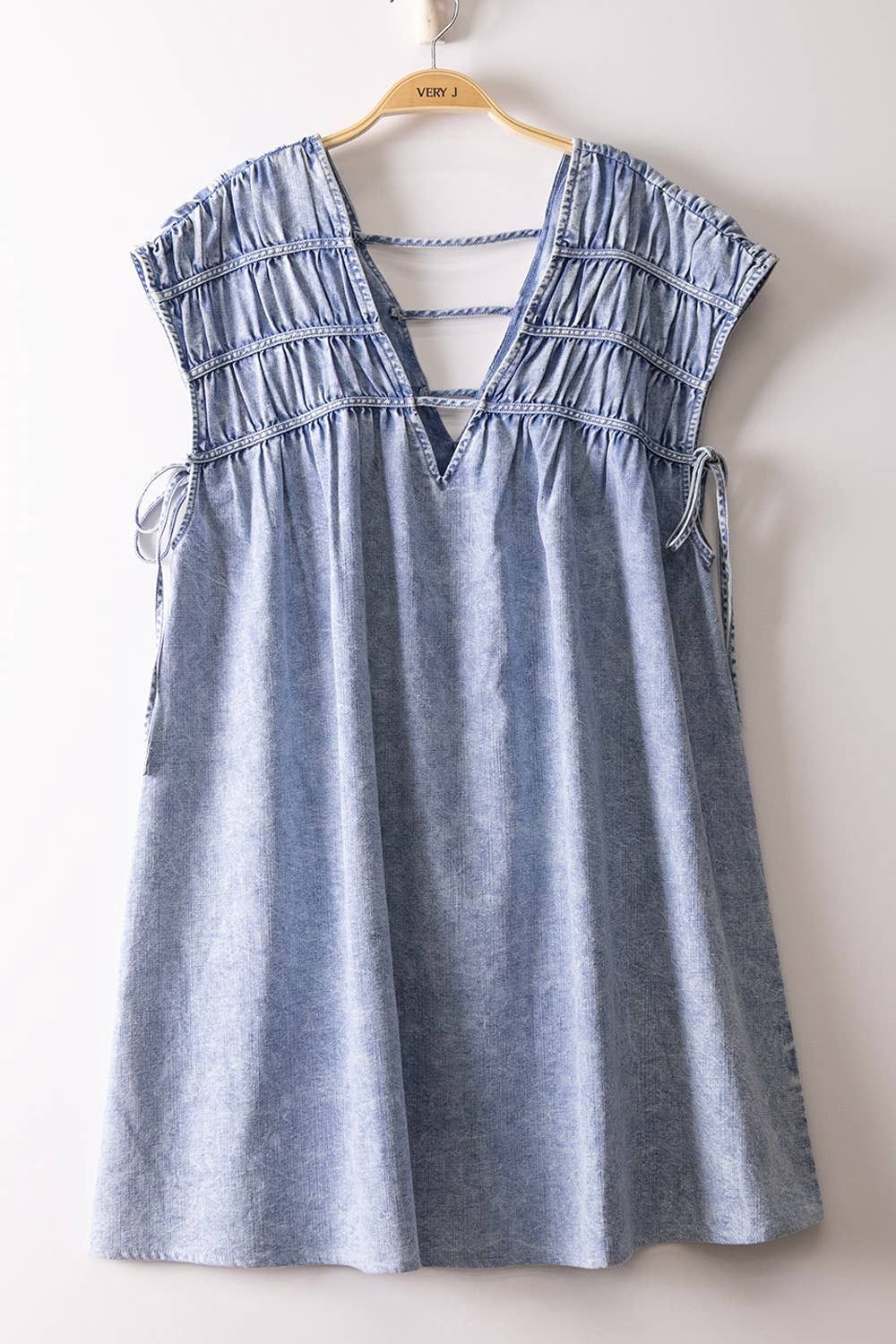 ND32132-Mineral Washed Chambray Mini Dress, Color: LT INDIGO, Size: S