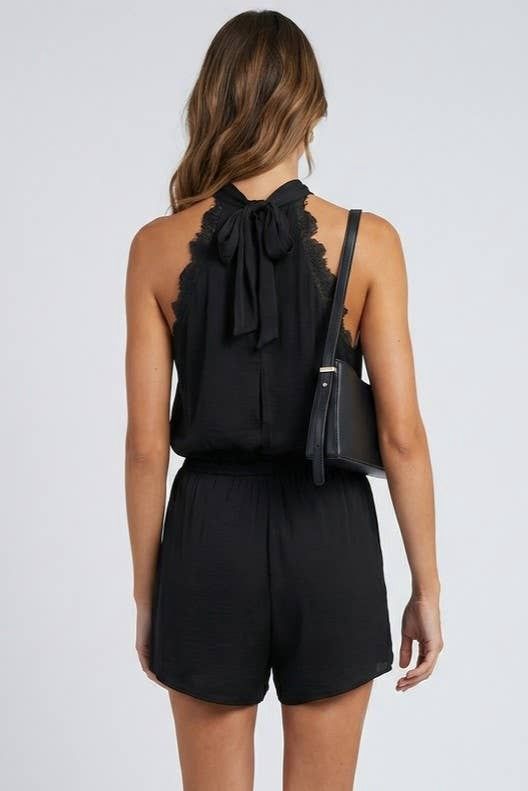 Lace Trim Halter Romper