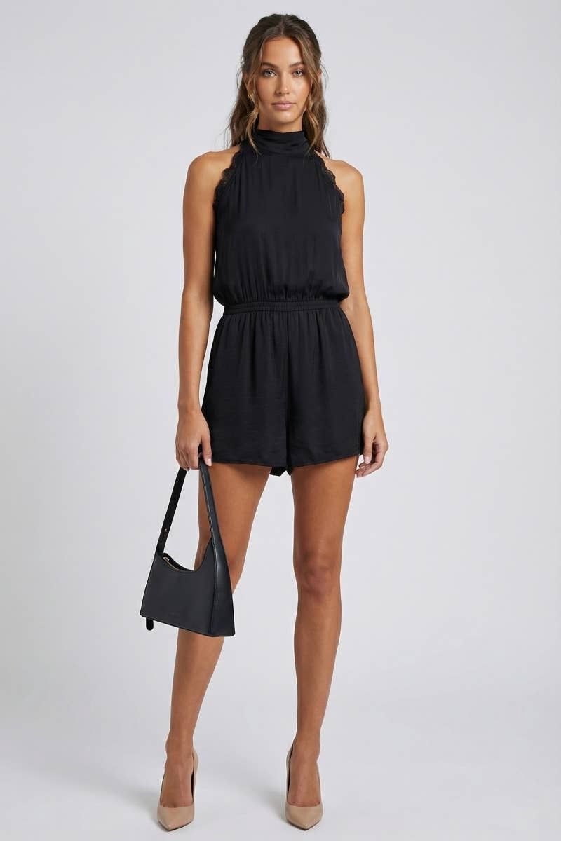 Lace Trim Halter Romper