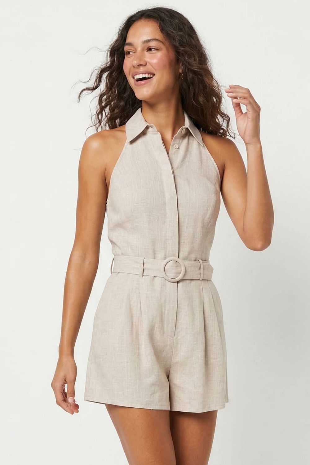 Belted Linen Halter Romper, Color: Linen, Size: M