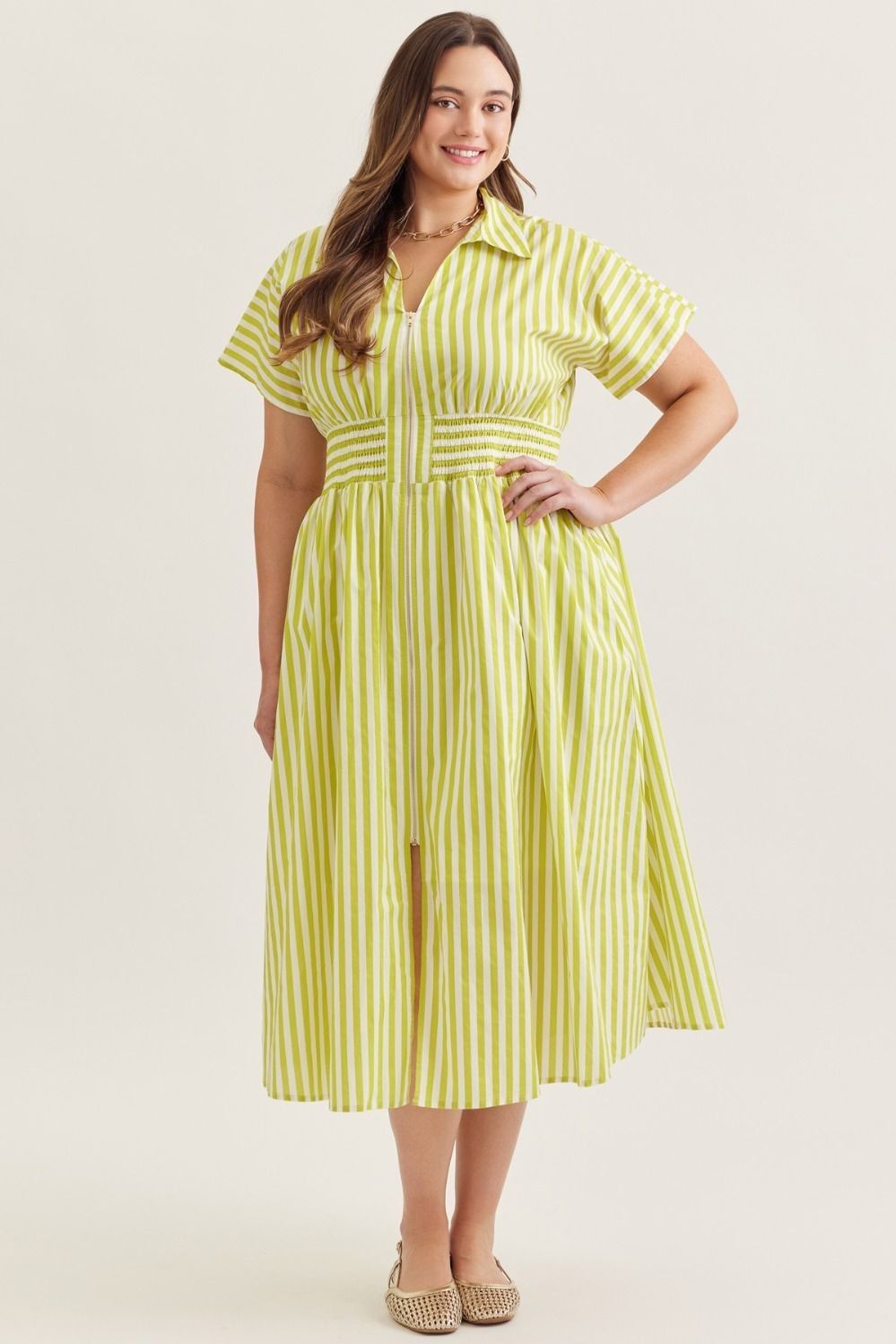 Stripe green gathered waist dress