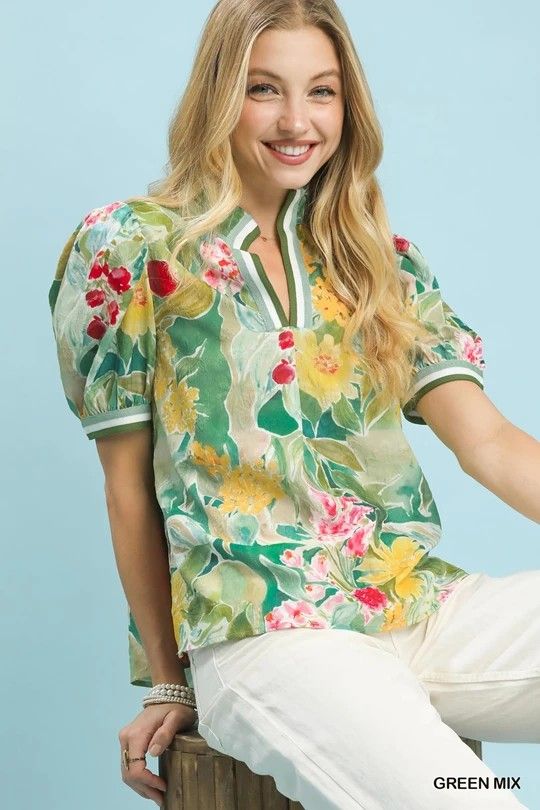 Green mix floral collared top