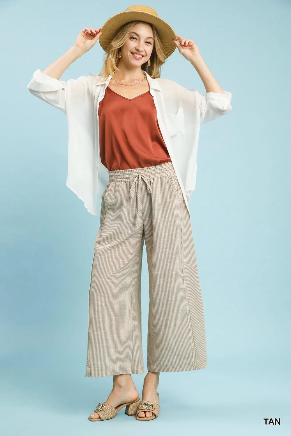 linen striped wide leg crop pants