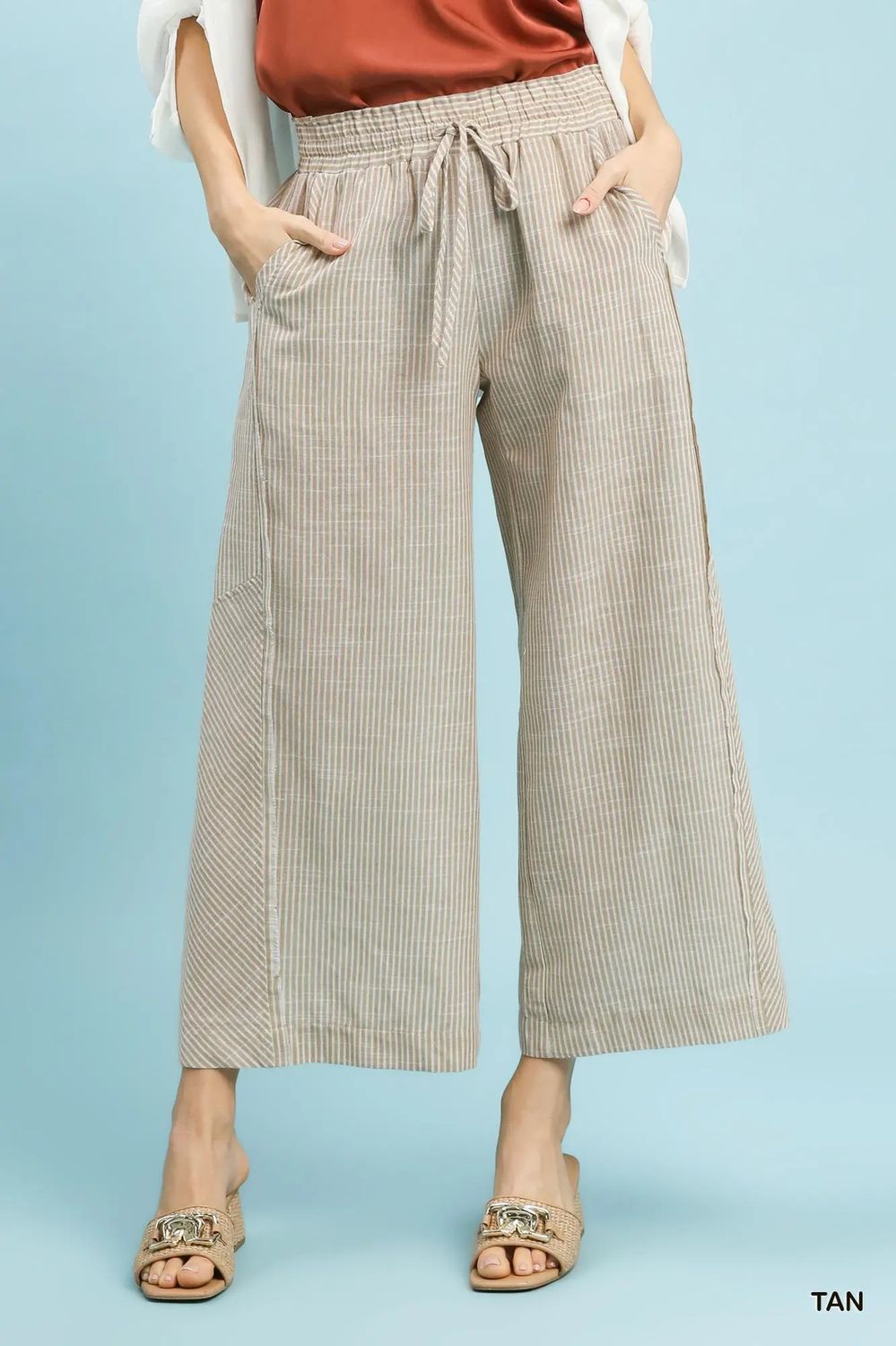 linen striped wide leg crop pants