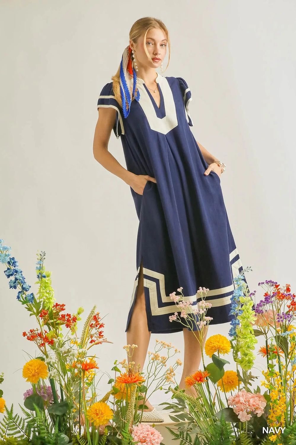 linen contrast midi dress
