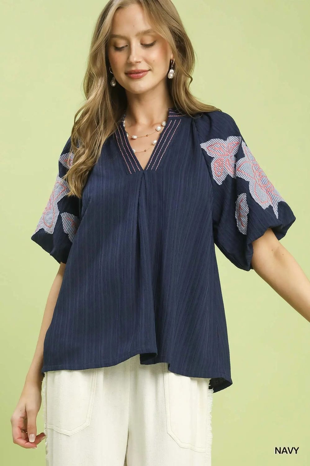 embroidered balloon sleeve top
